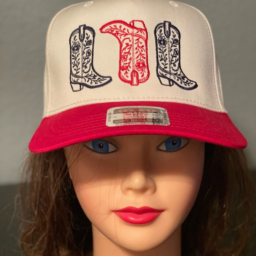 Red and White Trucker Hat with Boot Design